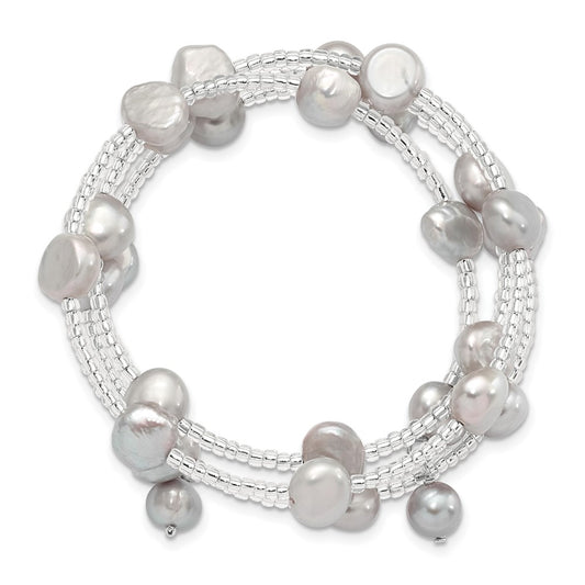 8-9mm Grey Baroque Freshwater Cultured Pearl and Glass Beaded Wrap Bracelet QH5414