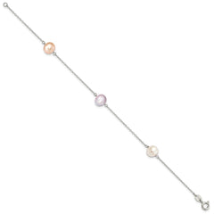 Sterling Silver Rhodium-plated 7-8mm White, Pink and Purple Semi-Round Freshwater Cultured Pearl 3-Station 7.5 inch Bracelet QH5419-7.5