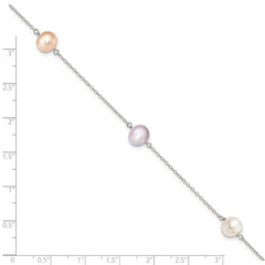 Sterling Silver Rhodium-plated 7-8mm White, Pink and Purple Semi-Round Freshwater Cultured Pearl 3-Station 7.5 inch Bracelet QH5419-7.5