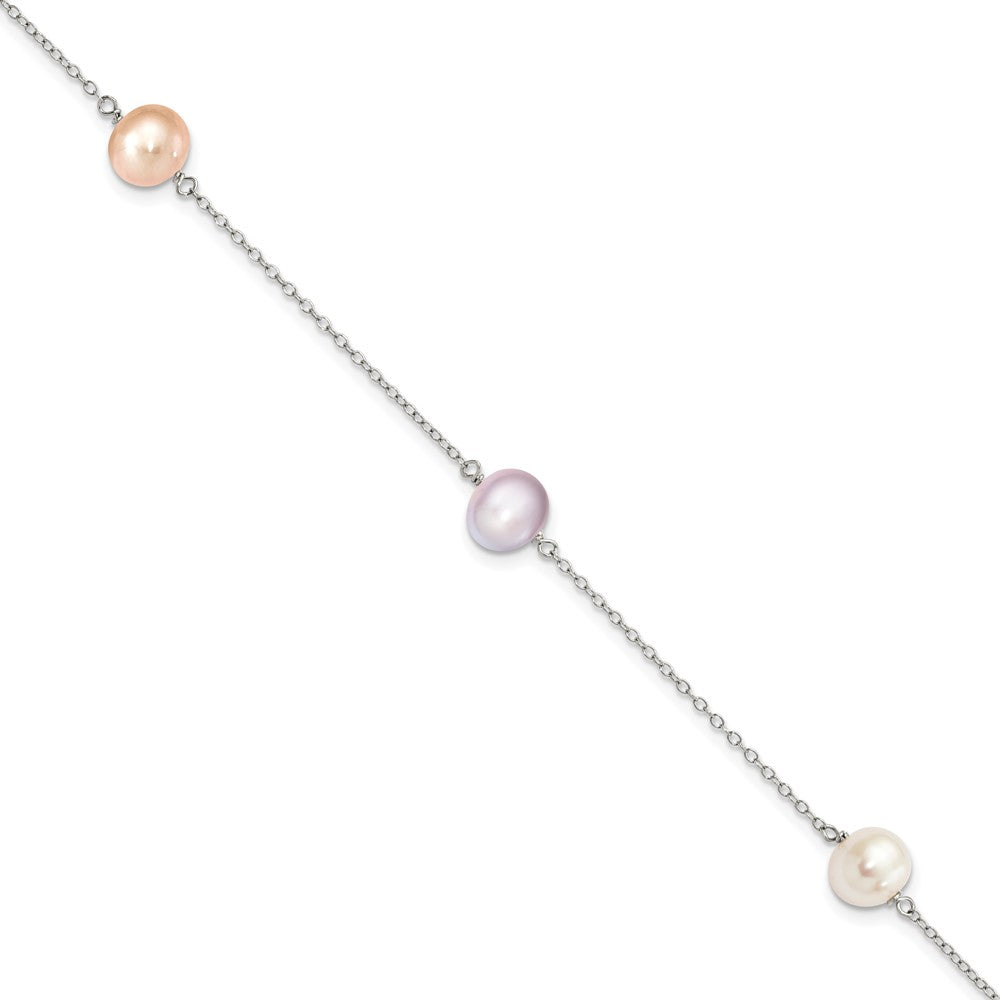 Sterling Silver Rhodium-plated 7-8mm White, Pink and Purple Semi-Round Freshwater Cultured Pearl 3-Station 7.5 inch Bracelet QH5419-7.5