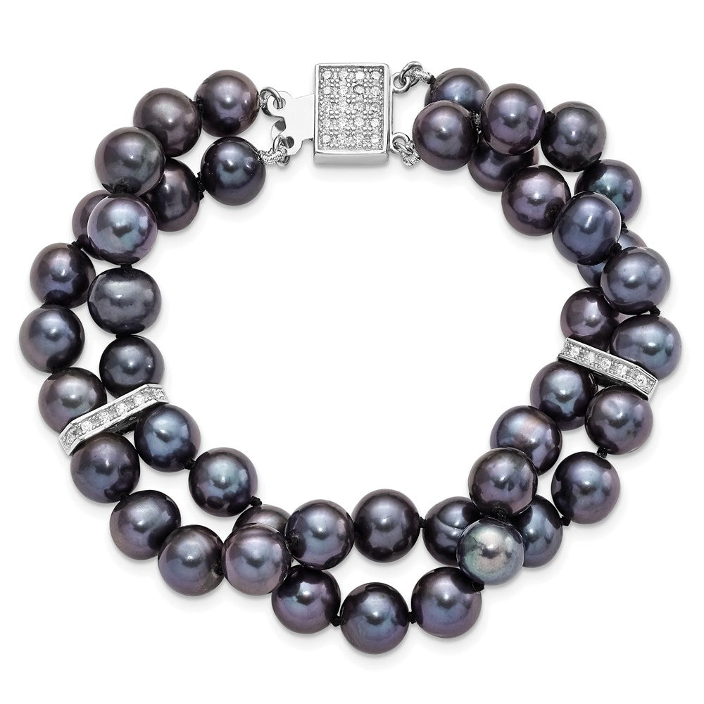 Sterling Silver Rhodium-plated 7-8mm Black Near-Round Freshwater Cultured Pearl and CZ 2-strand 7.5 inch Bracelet QH5420-7.5