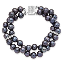Sterling Silver Rhodium-plated 7-8mm Black Near-Round Freshwater Cultured Pearl and CZ 2-strand 7.5 inch Bracelet QH5420-7.5