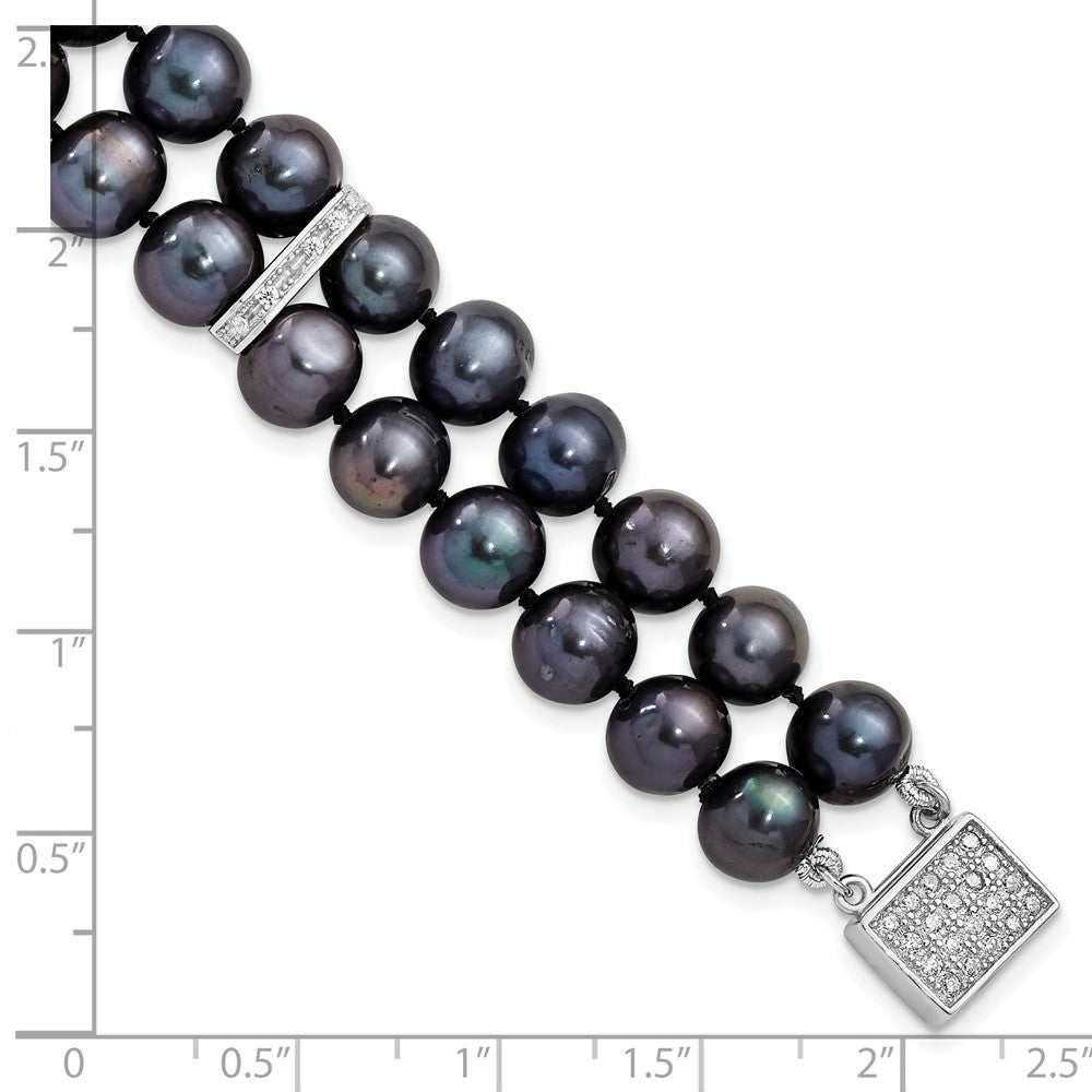 Sterling Silver Rhodium-plated 7-8mm Black Near-Round Freshwater Cultured Pearl and CZ 2-strand 7.5 inch Bracelet QH5420-7.5