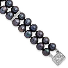 Sterling Silver Rhodium-plated 7-8mm Black Near-Round Freshwater Cultured Pearl and CZ 2-strand 7.5 inch Bracelet QH5420-7.5