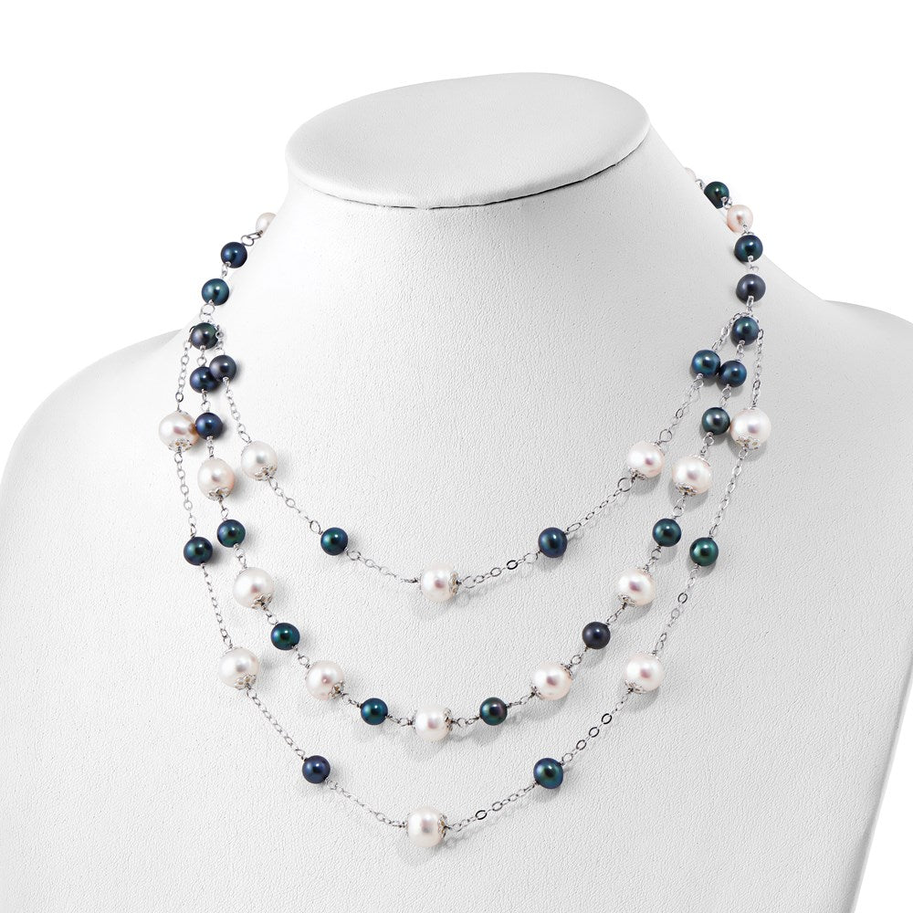 Sterling Silver Rhodium-plated 6-10mm White and Black Freshwater Cultured Pearl Layered 17 inch with 2 inch Extension Necklace QH5422-17