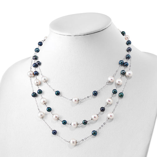 Sterling Silver Rhodium-plated 6-10mm White and Black Freshwater Cultured Pearl Layered 17 inch with 2 inch Extension Necklace QH5422-17