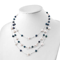Sterling Silver Rhodium-plated 6-10mm White and Black Freshwater Cultured Pearl Layered 17 inch with 2 inch Extension Necklace QH5422-17