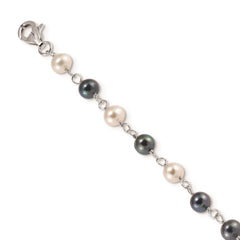 Sterling Silver Rhodium-plated 6-10mm White and Black Freshwater Cultured Pearl Layered 17 inch with 2 inch Extension Necklace QH5422-17