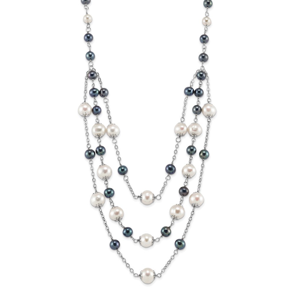 Sterling Silver Rhodium-plated 6-10mm White and Black Freshwater Cultured Pearl Layered 17 inch with 2 inch Extension Necklace QH5422-17