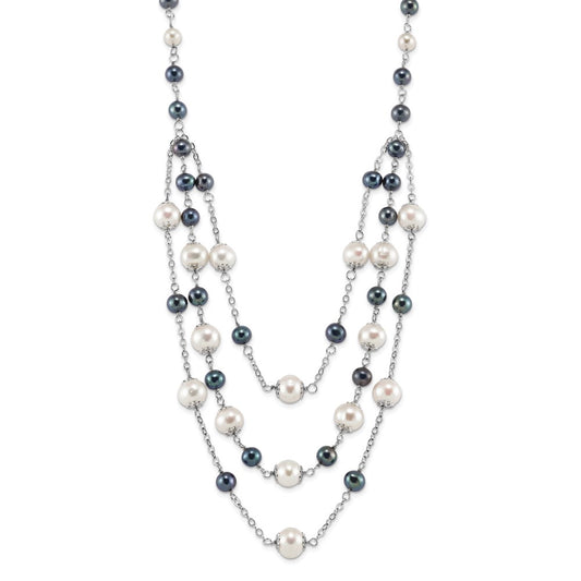 Sterling Silver Rhodium-plated 6-10mm White and Black Freshwater Cultured Pearl Layered 17 inch with 2 inch Extension Necklace QH5422-17
