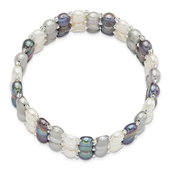 6-7mm Button Black, Grey and White Freshwater Cultured Pearl and Glass Beaded 3-row Stretch Bracelet QH5424