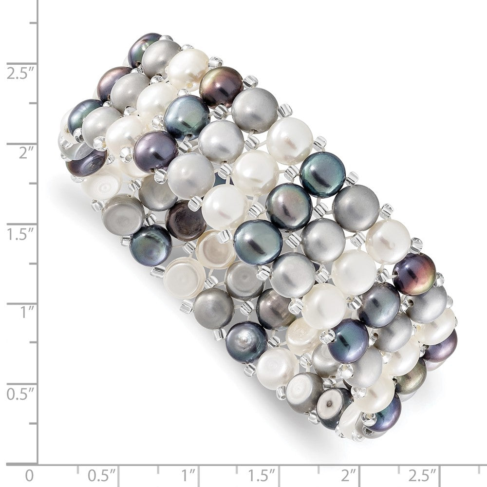 6-7mm Button Black, Grey and White Freshwater Cultured Pearl and Glass Beaded 3-row Stretch Bracelet QH5424