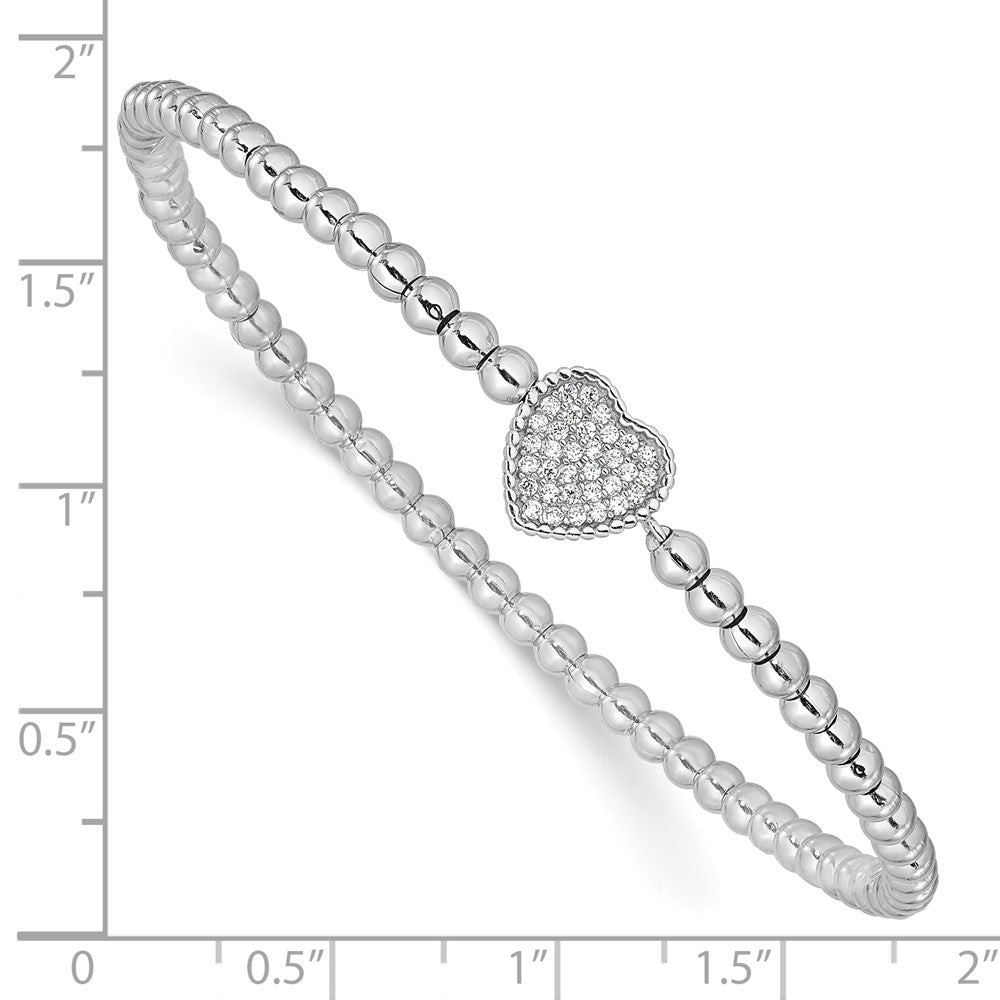 Sterling Silver Rhodium-plated Polished Beaded CZ Heart Stretch Bracelet QH5453