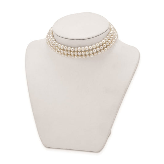 Sterling Silver Rhodium-plated 5-6mm White Semi-Round Freshwater Cultured Pearl 14 inch with 1.5 inch Choker QH5470-14