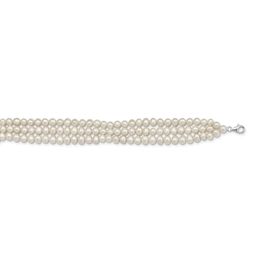 Sterling Silver Rhodium-plated 5-6mm White Semi-Round Freshwater Cultured Pearl 14 inch with 1.5 inch Choker QH5470-14
