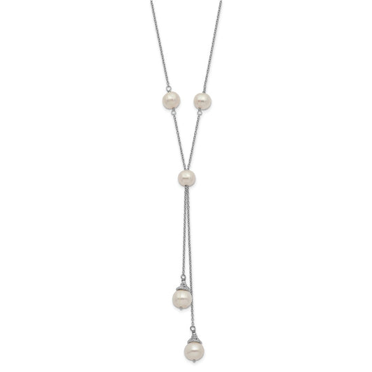 Sterling Silver Rhodium-plated 6-9mm White Teardrop and Semi-Round Freshwater Cultured Pearl 9-Station 2 drop 16 inch with 2 inch Extension Necklace QH5475-16