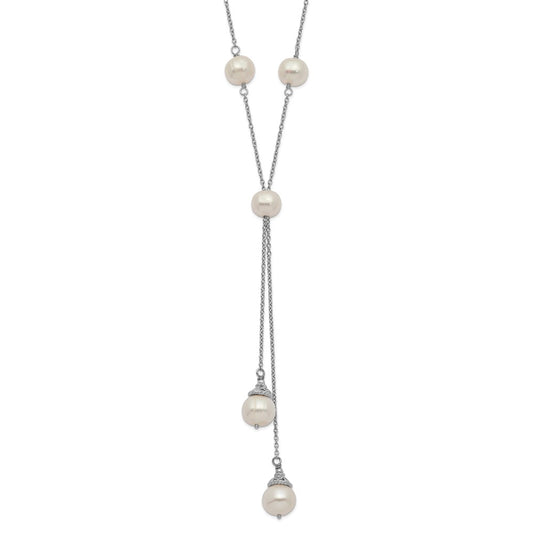 Sterling Silver Rhodium-plated 6-9mm White Teardrop and Semi-Round Freshwater Cultured Pearl 9-Station 2 drop 16 inch with 2 inch Extension Necklace QH5475-16