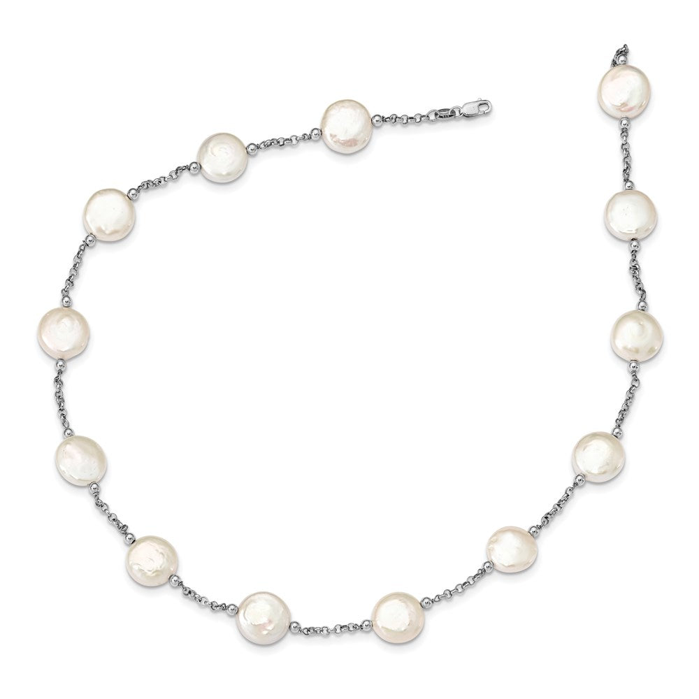 Sterling Silver Rhodium-plated 12-13mm White Coin Freshwater Cultured Pearl 13-station 18 inch Necklace QH5534-18