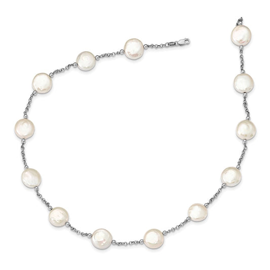 Sterling Silver Rhodium-plated 12-13mm White Coin Freshwater Cultured Pearl 13-station 18 inch Necklace QH5534-18