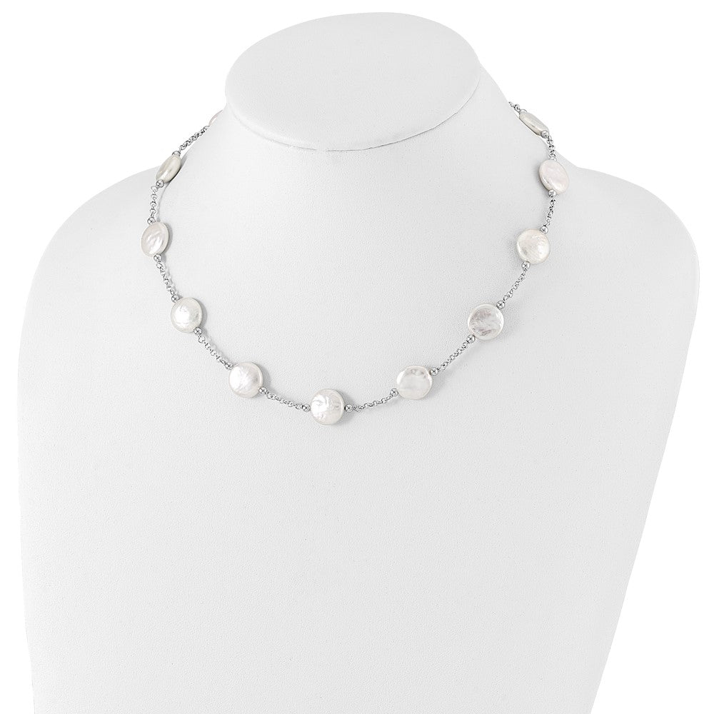Sterling Silver Rhodium-plated 12-13mm White Coin Freshwater Cultured Pearl 13-station 18 inch Necklace QH5534-18
