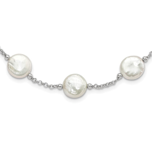 Sterling Silver Rhodium-plated 12-13mm White Coin Freshwater Cultured Pearl 13-station 18 inch Necklace QH5534-18