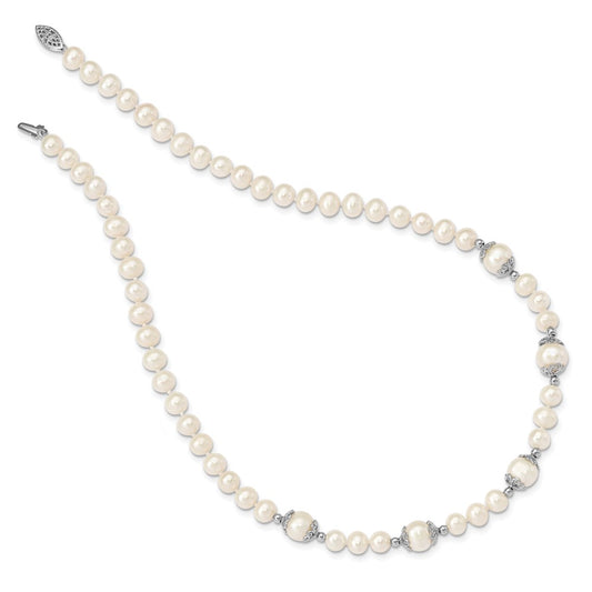 Sterling Silver Rhodium-plated 6-9mm White Freshwater Cultured Pearl 5-station 18 inch Necklace QH5544-18
