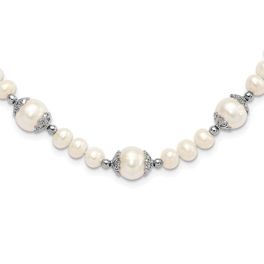 Sterling Silver Rhodium-plated 6-9mm White Freshwater Cultured Pearl 5-station 18 inch Necklace QH5544-18