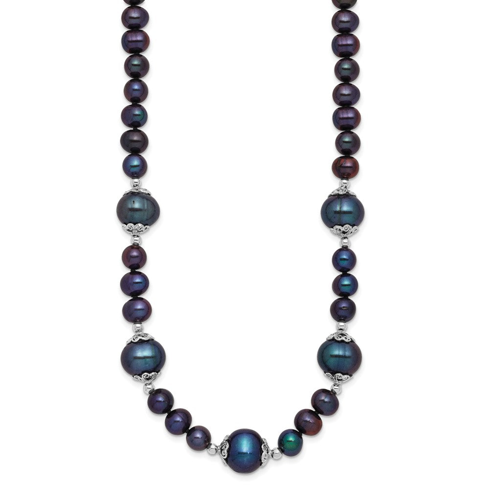Sterling Silver Rhodium-plated 6-9mm Black Near Round Freshwater Cultured Pearl 5-station 18 inch Necklace QH5544B-18