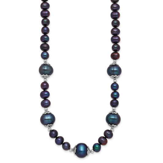 Sterling Silver Rhodium-plated 6-9mm Black Near Round Freshwater Cultured Pearl 5-station 18 inch Necklace QH5544B-18