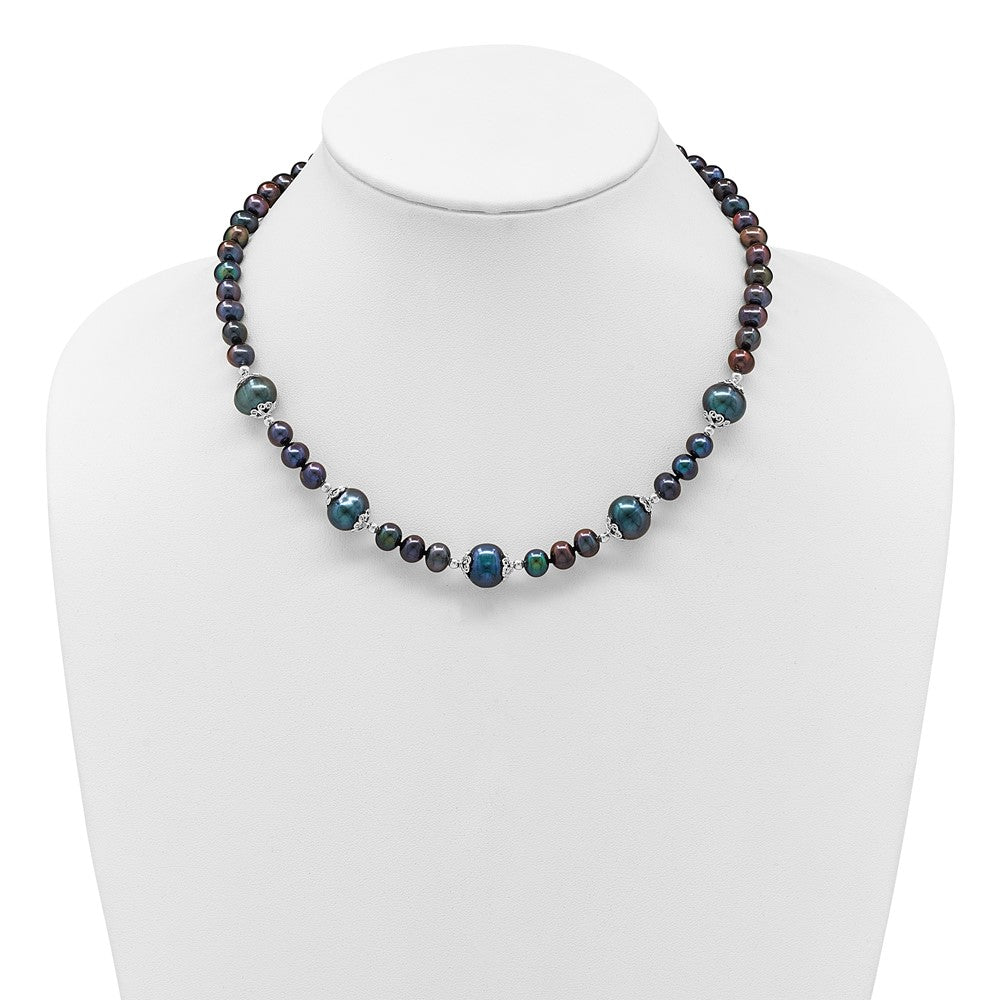Sterling Silver Rhodium-plated 6-9mm Black Near Round Freshwater Cultured Pearl 5-station 18 inch Necklace QH5544B-18