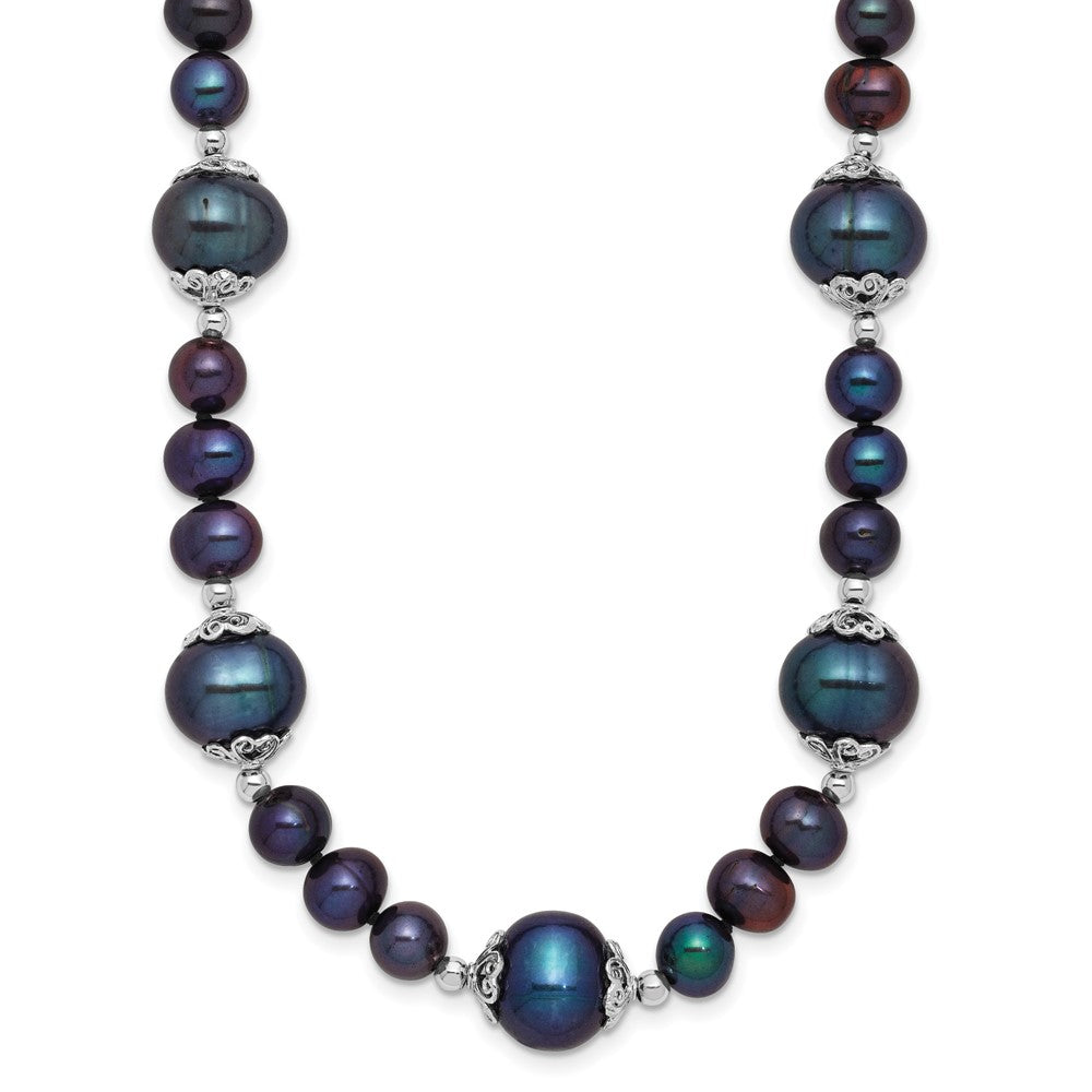 Sterling Silver Rhodium-plated 6-9mm Black Near Round Freshwater Cultured Pearl 5-station 18 inch Necklace QH5544B-18