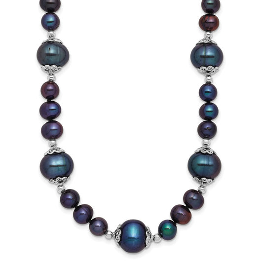 Sterling Silver Rhodium-plated 6-9mm Black Near Round Freshwater Cultured Pearl 5-station 18 inch Necklace QH5544B-18