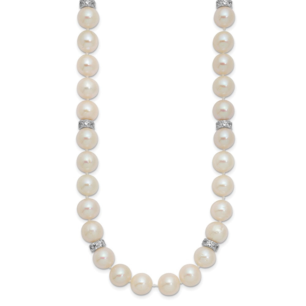 Sterling Silver Rhodium-plated 9-10mm White Near-Round Freshwater Cultured Pearl and CZ 18 inch Necklace QH5547-18