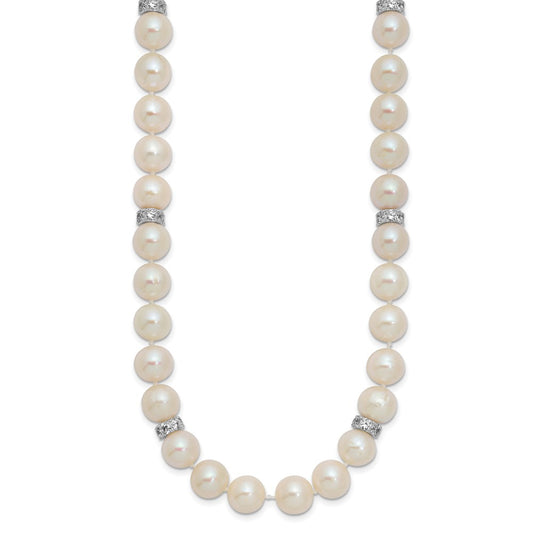 Sterling Silver Rhodium-plated 9-10mm White Near-Round Freshwater Cultured Pearl and CZ 18 inch Necklace QH5547-18