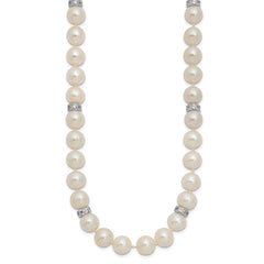 Sterling Silver Rhodium-plated 9-10mm White Near-Round Freshwater Cultured Pearl and CZ 18 inch Necklace QH5547-18