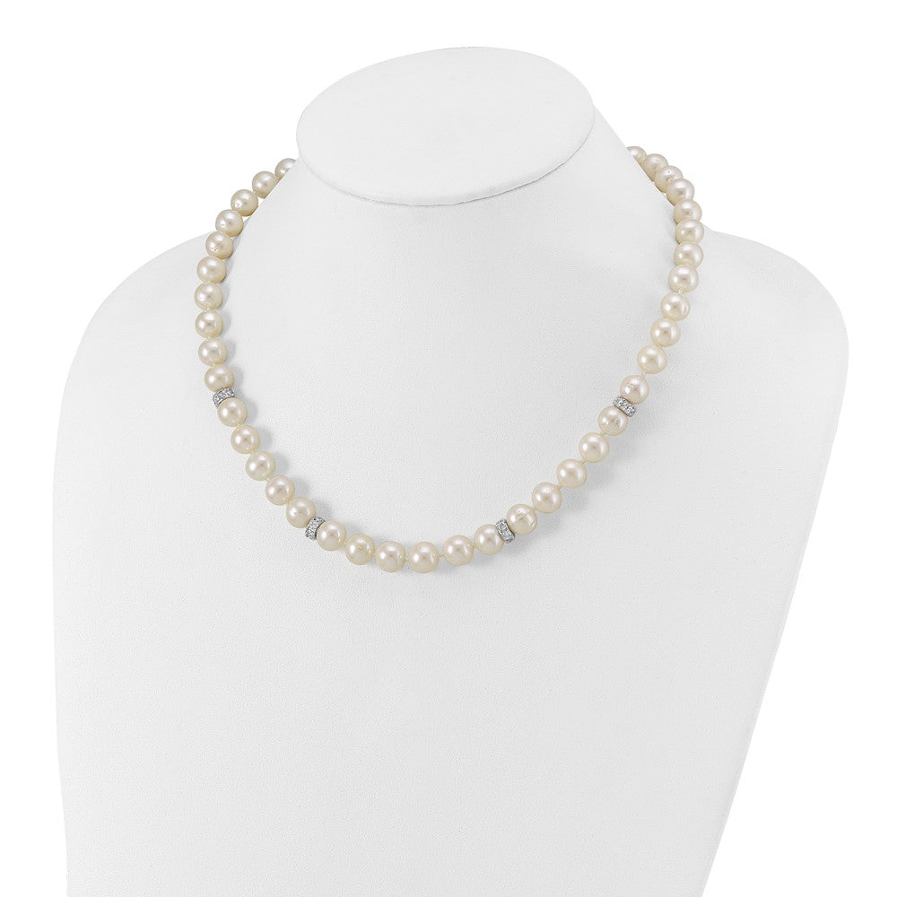 Sterling Silver Rhodium-plated 9-10mm White Near-Round Freshwater Cultured Pearl and CZ 18 inch Necklace QH5547-18