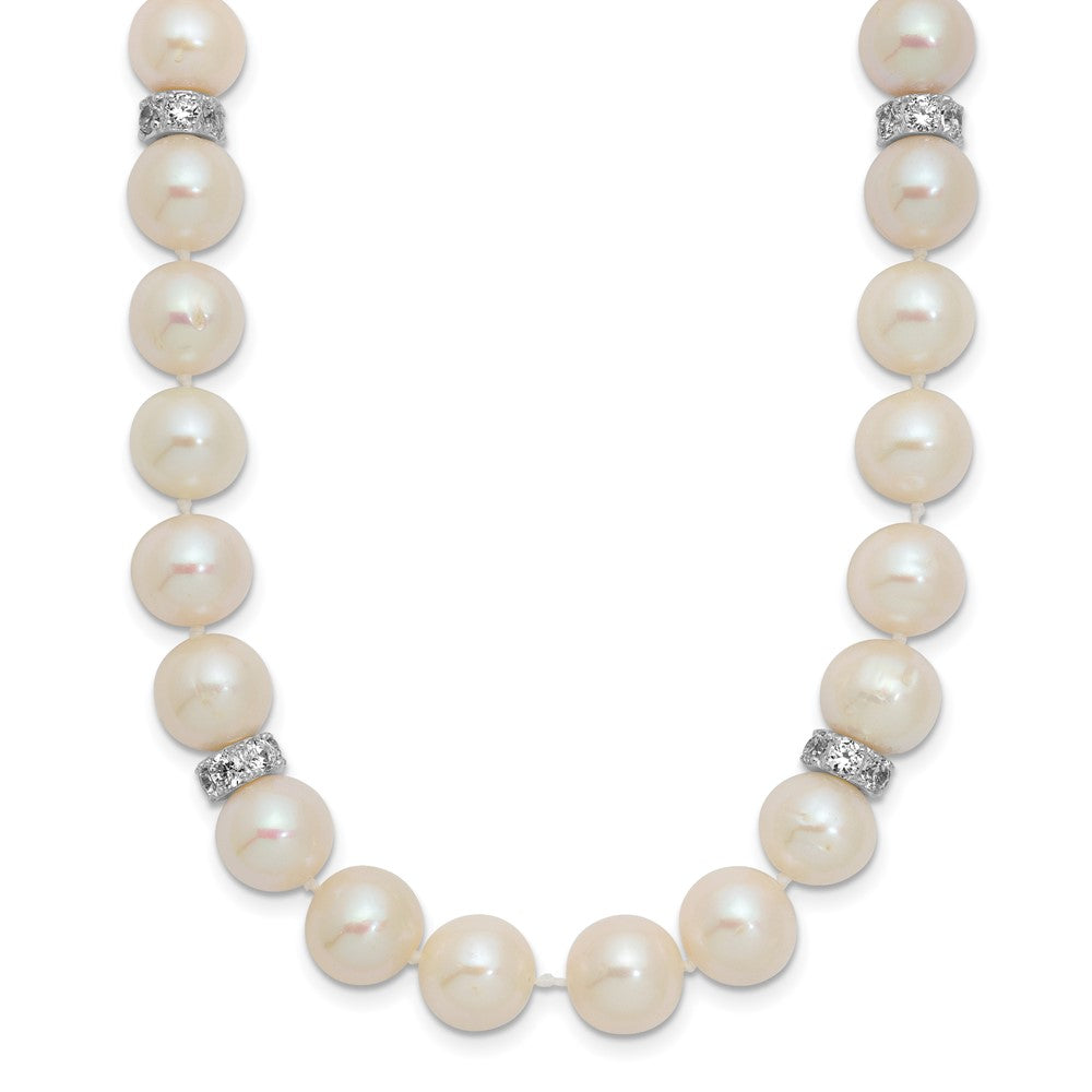 Sterling Silver Rhodium-plated 9-10mm White Near-Round Freshwater Cultured Pearl and CZ 18 inch Necklace QH5547-18