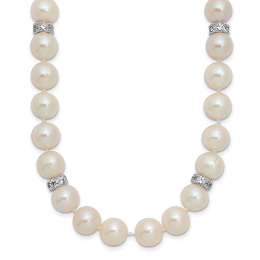 Sterling Silver Rhodium-plated 9-10mm White Near-Round Freshwater Cultured Pearl and CZ 18 inch Necklace QH5547-18