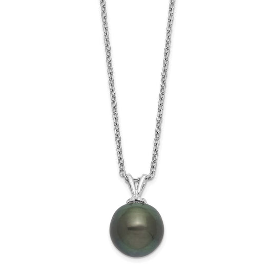 Sterling Silver Rhodium-plated 9-10mm Black Teardrop Tahitian Saltwater Cultured Pearl 17 inch Necklace QH5615-17