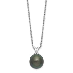 Sterling Silver Rhodium-plated 9-10mm Black Teardrop Tahitian Saltwater Cultured Pearl 17 inch Necklace QH5615-17