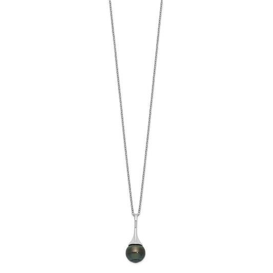 Sterling Silver Rhodium-plated 9-10mm Black Teardrop Tahitian Saltwater Cultured Pearl 17 inch Necklace QH5619-17