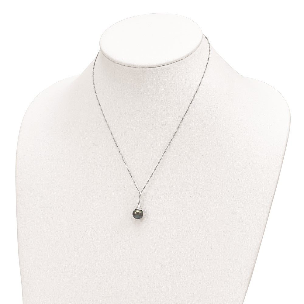 Sterling Silver Rhodium-plated 9-10mm Black Teardrop Tahitian Saltwater Cultured Pearl 17 inch Necklace QH5619-17
