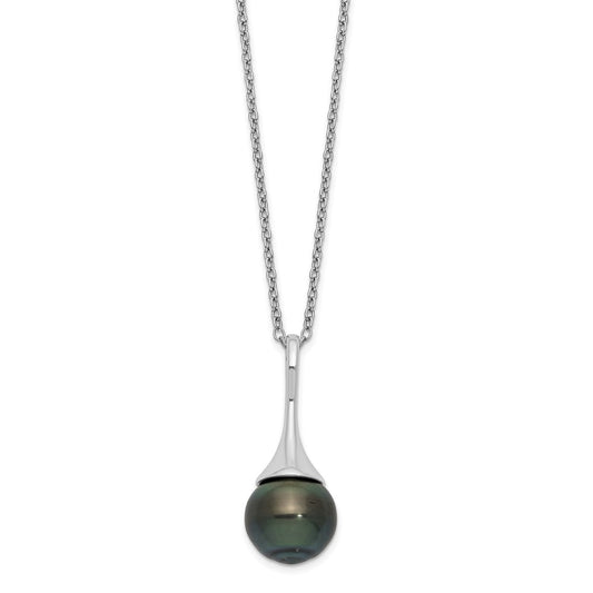 Sterling Silver Rhodium-plated 9-10mm Black Teardrop Tahitian Saltwater Cultured Pearl 17 inch Necklace QH5619-17