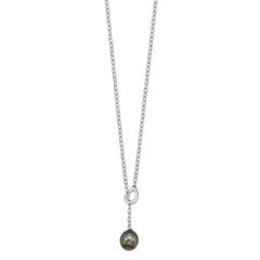 Sterling Silver Rhodium-plated 9-10mm Black Teardrop Tahitian Saltwater Cultured Pearl Slide 19.5 inch Necklace QH5621-19.5