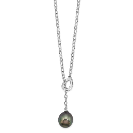 Sterling Silver Rhodium-plated 9-10mm Black Teardrop Tahitian Saltwater Cultured Pearl Slide 19.5 inch Necklace QH5621-19.5