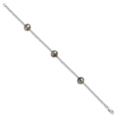 Sterling Silver Rhodium-plated 8-9mm Black Baroque Tahitian Saltwater Cultured Pearl 3-Station 7.5 inch Bracelet QH5622-7.5