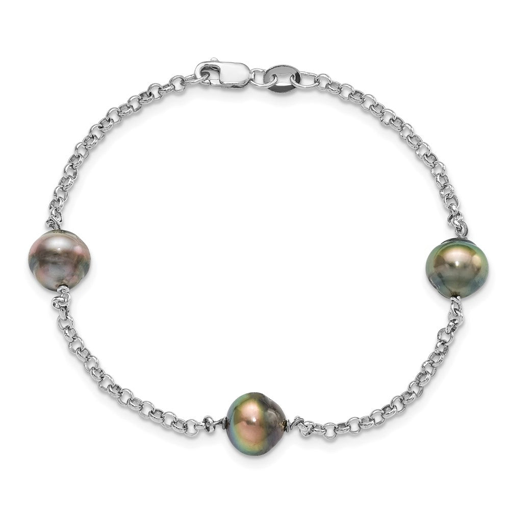 Sterling Silver Rhodium-plated 8-9mm Black Baroque Tahitian Saltwater Cultured Pearl 3-Station 7.5 inch Bracelet QH5622-7.5