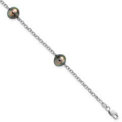 Sterling Silver Rhodium-plated 8-9mm Black Baroque Tahitian Saltwater Cultured Pearl 3-Station 7.5 inch Bracelet QH5622-7.5