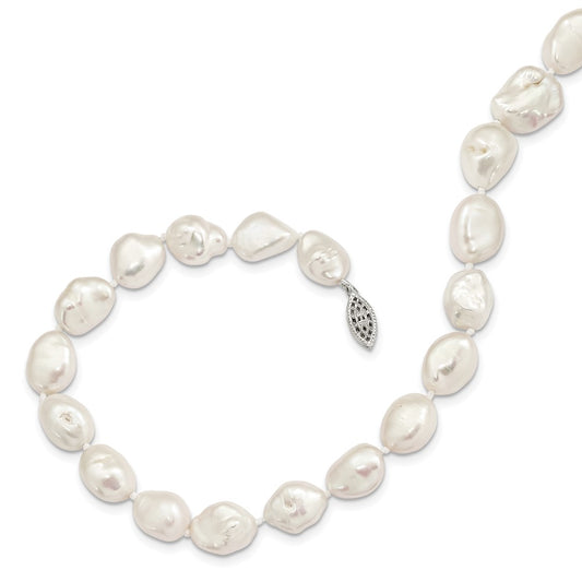 Sterling Silver Rhodium-plated 11x14mm White Keshi Freshwater Cultured Pearl 18 inch Necklace QH5624-18