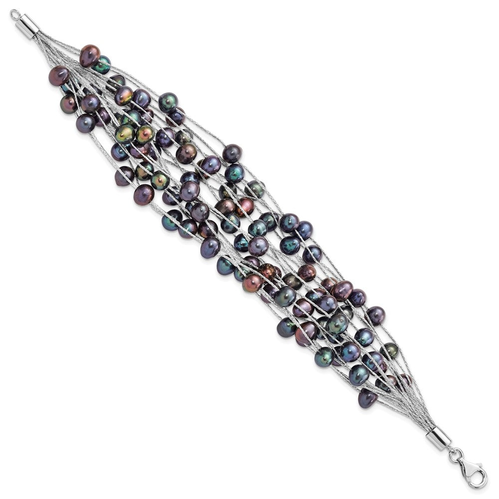Sterling Silver Rhodium-plated 6-7mm Black Semi-Round Freshwater Cultured Pearl Multi Strand 7.5 inch Bracelet QH5632-7.5